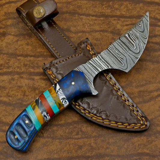 Custom Handmade Damascus Skinner Knife with Resin Wood Handle for Hunting and EDC