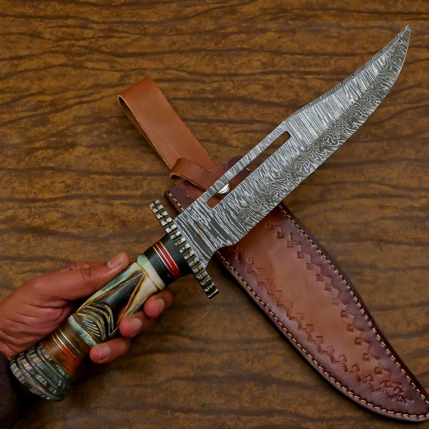 Heritage Forge Custom Handmade Damascus Steel Bowie Hunting Knife Bone and Wood Handle