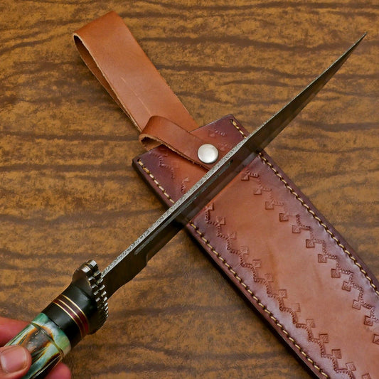 Heritage Forge Custom Handmade Damascus Steel Bowie Hunting Knife Bone and Wood Handle