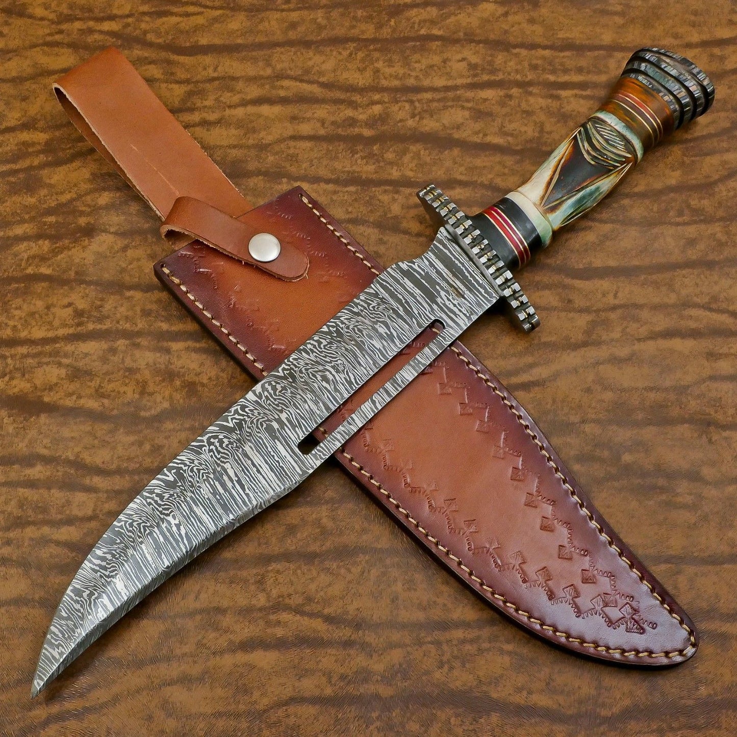 Heritage Forge Custom Handmade Damascus Steel Bowie Hunting Knife Bone and Wood Handle