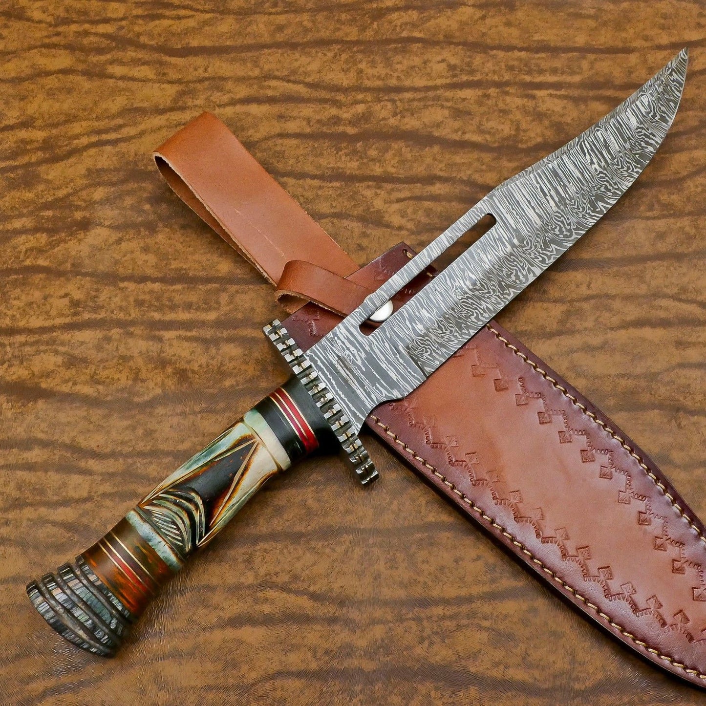 Heritage Forge Custom Handmade Damascus Steel Bowie Hunting Knife Bone and Wood Handle
