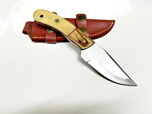 Handmade Skinner Knife – 4″ J2 Stainless Steel Blade, Bone Handle, Leather Cover