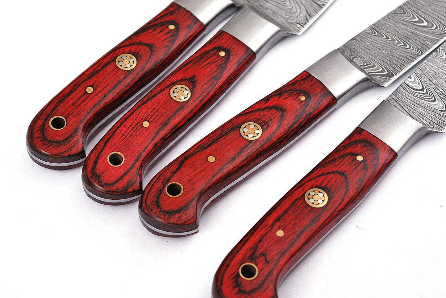 Handmade Damascus Steak Knives Set – 4 Kitchen Knives with Red Wood Handles