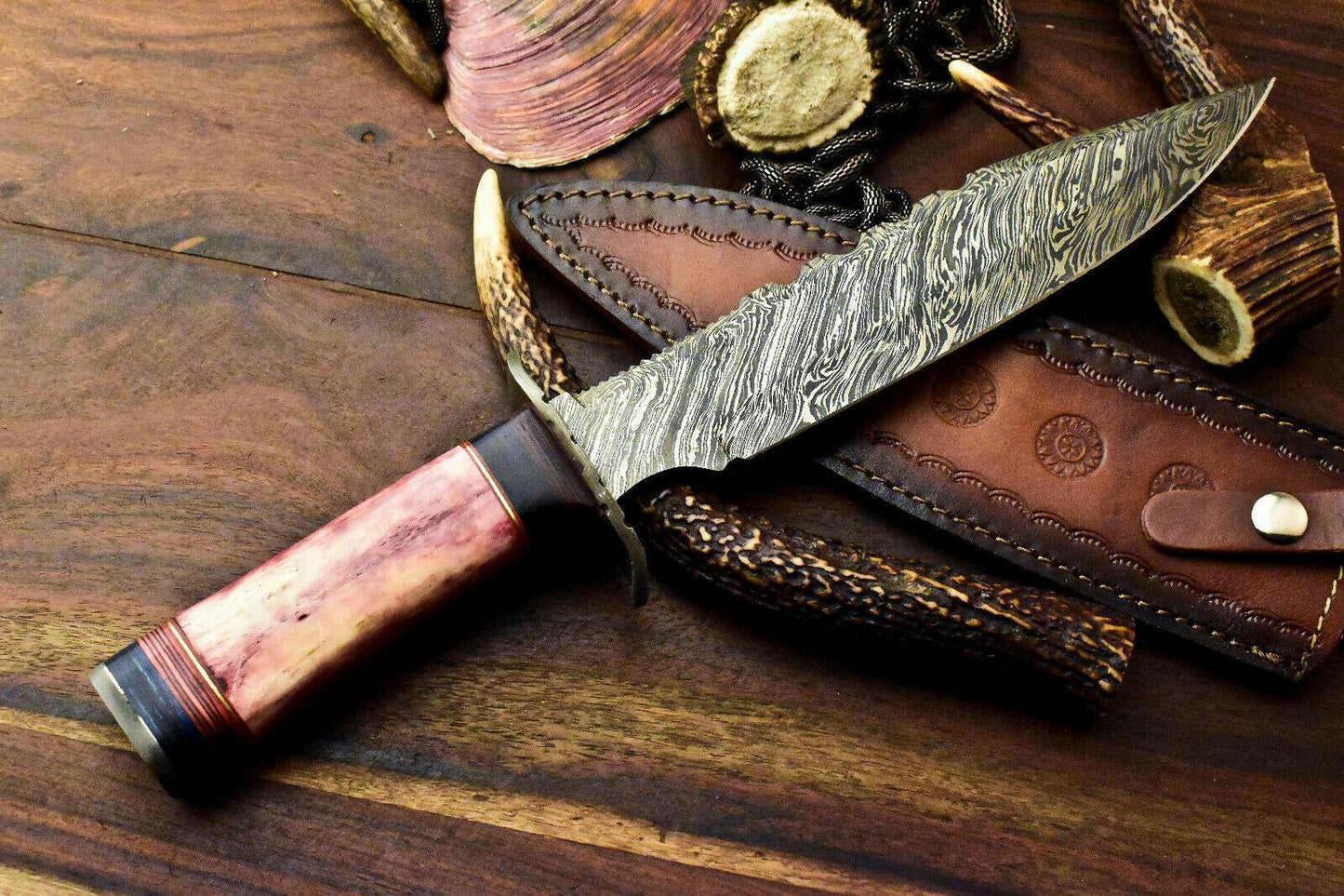 14.5" Handmade Damascus Bowie Knife | Stained Camel Bone Handle with Leather Sheath