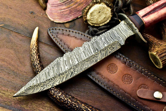 14.5" Handmade Damascus Bowie Knife | Stained Camel Bone Handle with Leather Sheath