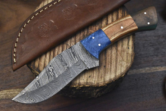 Twist Damascus Skinner Knife with Olive Wood Handle and Micarta Bolster EDC
