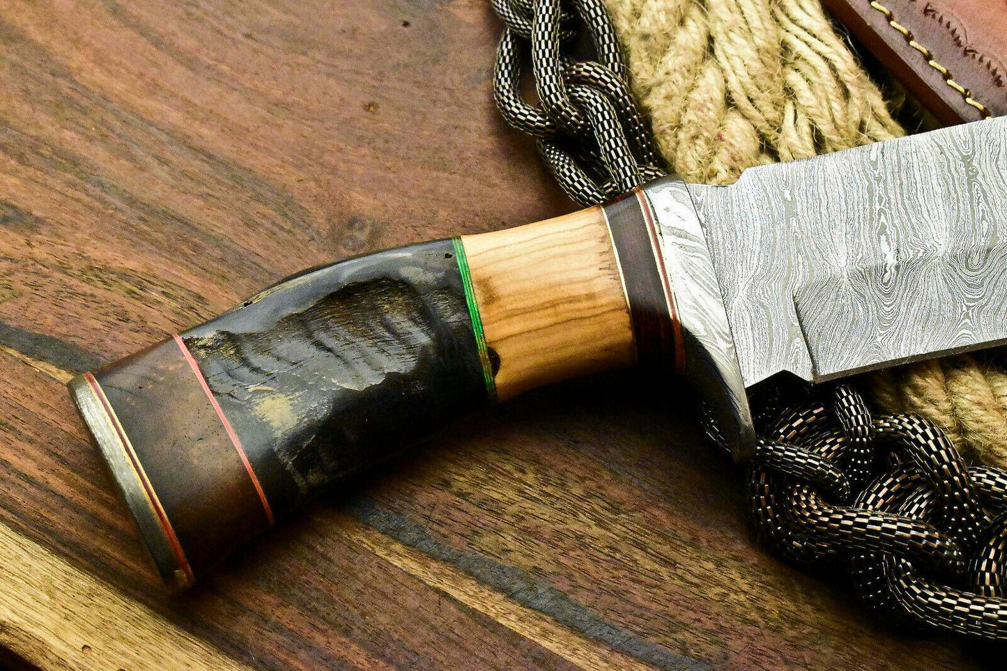 Custom Hand Made Damascus Steel Bowie Hunting Knife | Ram’s Horn Handle