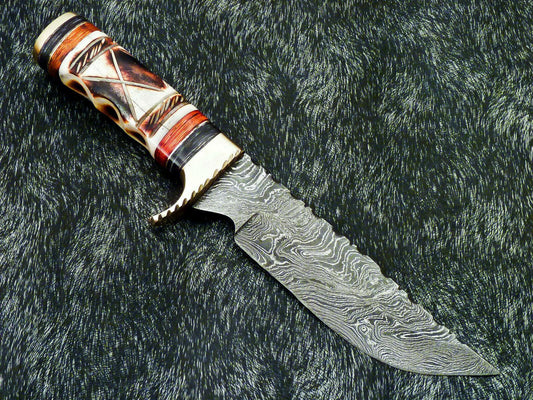 11" Hand Forged Damascus Bowie Hunting Knife – Engraved Camel Bone & Hardwood Handle