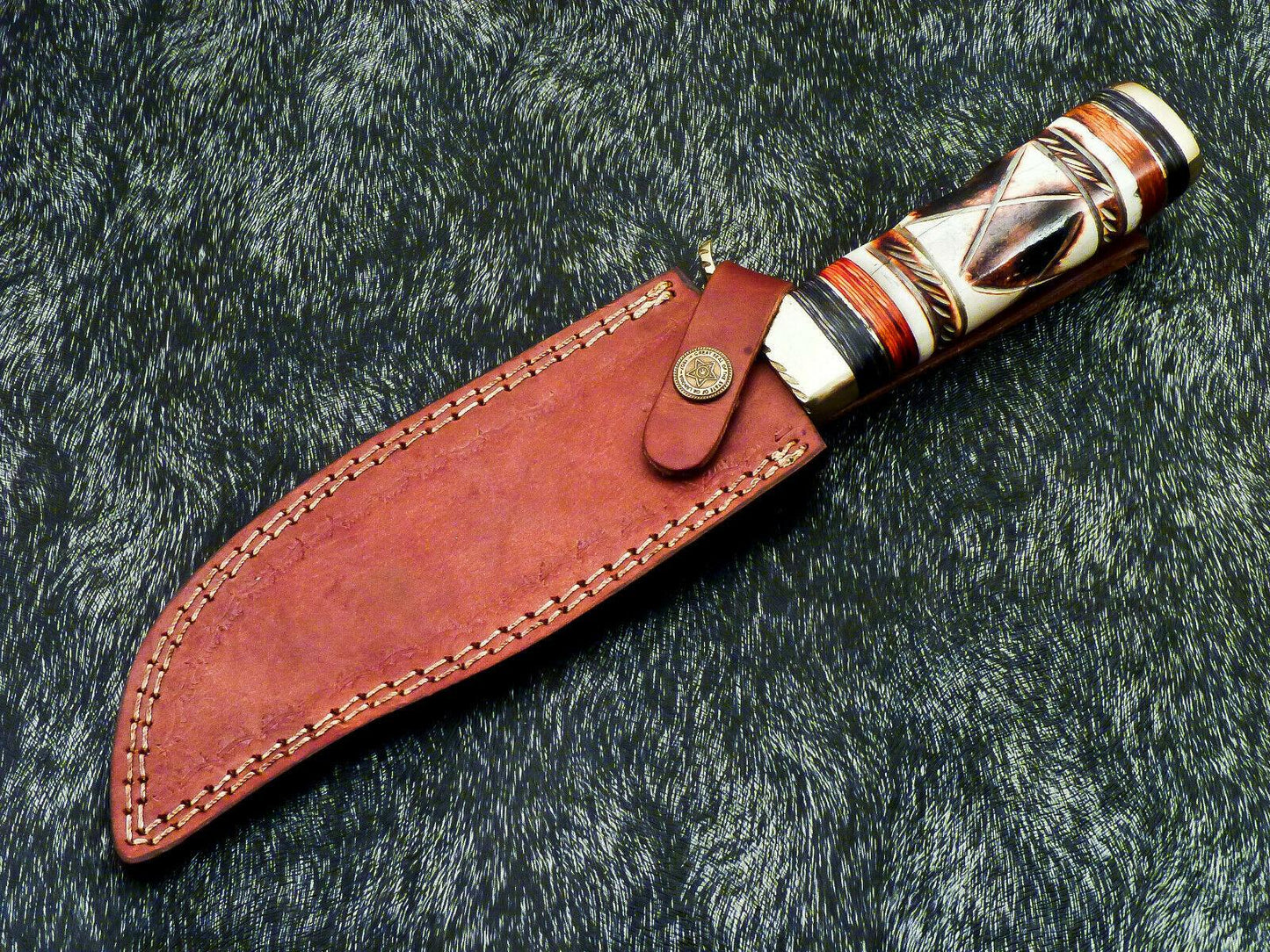 11" Hand Forged Damascus Bowie Hunting Knife – Engraved Camel Bone & Hardwood Handle