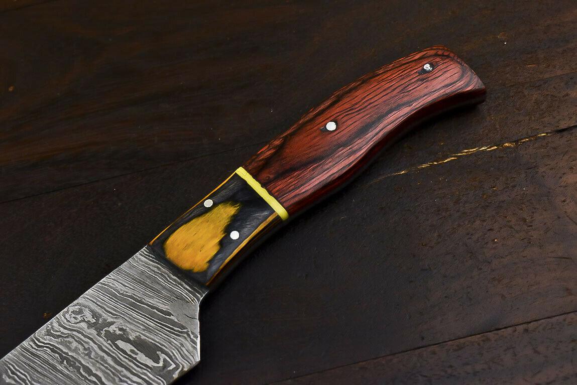 Handmade Wild Life Damascus Steel Sports Tanto Hunting & Chef Knife with Hard Wood Handle, 6-Inch Blade, 11-Inch Overall, Wooden Bolster, Full Tang, Oil-Tempered 58-60 HRC