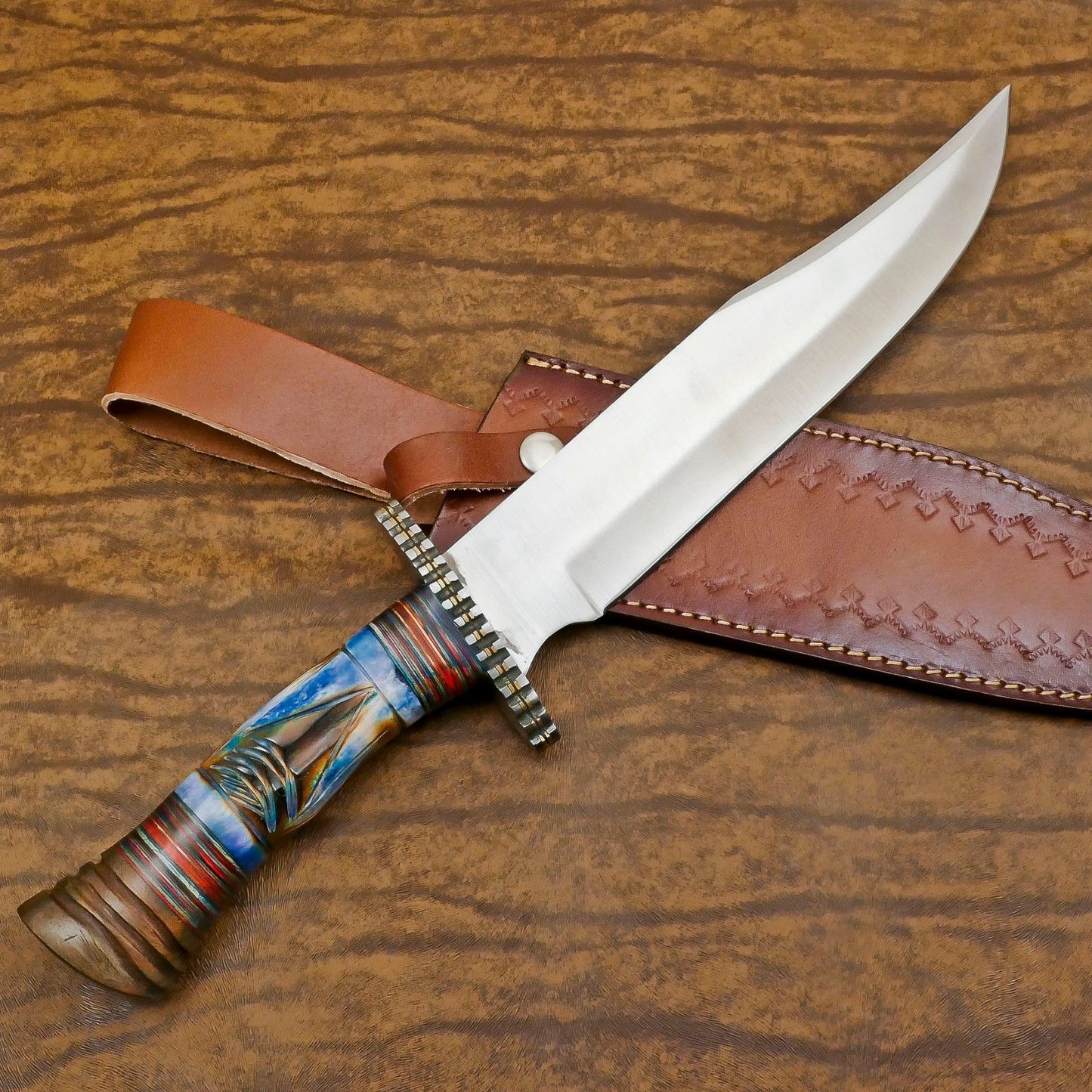 Handmade 12-Inch D2 Steel Clip Point Bowie Hunting Knife with Bone & Wood Handle