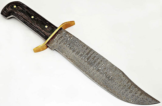 15" Handmade Damascus Steel Bowie Knife with Diamond Wood Handle & Brass Guard