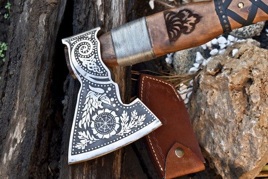 Handmade Viking Axe | High Carbon Steel Etched Blade with Walnut Wood Handle