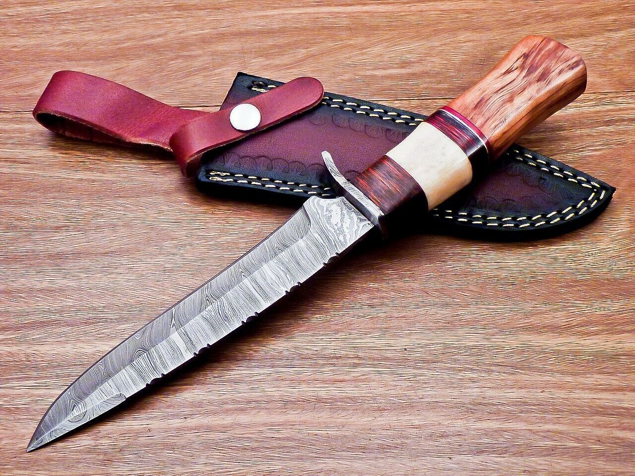 Heritage Forge 12 Inch Damascus Steel Bowie Knife with Olive Wood and Camel Bone Handle