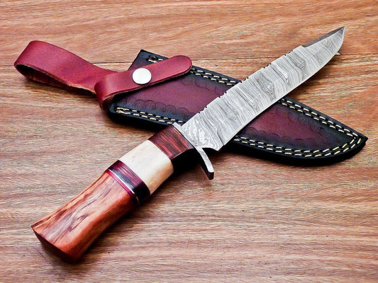 Heritage Forge 12 Inch Damascus Steel Bowie Knife with Olive Wood and Camel Bone Handle