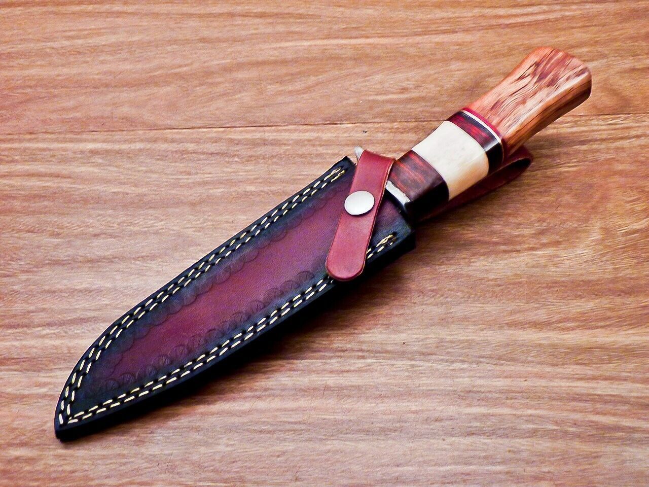 Heritage Forge 12 Inch Damascus Steel Bowie Knife with Olive Wood and Camel Bone Handle