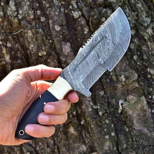10" Handmade Damascus Steel Tracker Knife | Hard Wood Handle & Leather Sheath