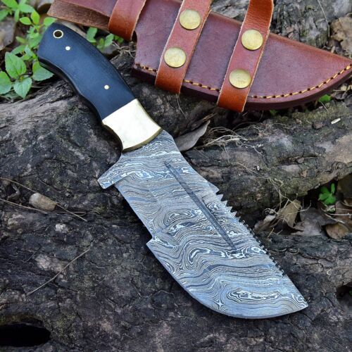 10" Handmade Damascus Steel Tracker Knife | Hard Wood Handle & Leather Sheath
