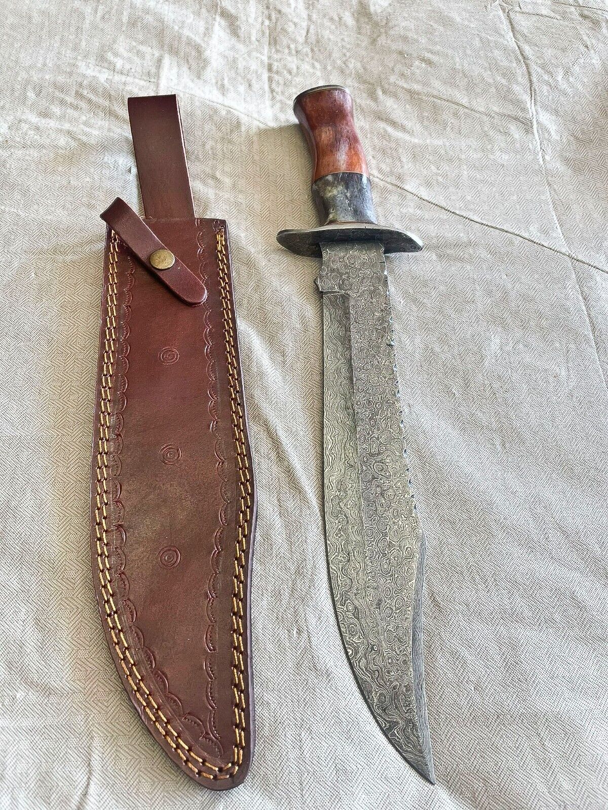 Heritage Forge 18 Inch Handmade Damascus Bowie Knife with Bone Handle for Hunting and Survival