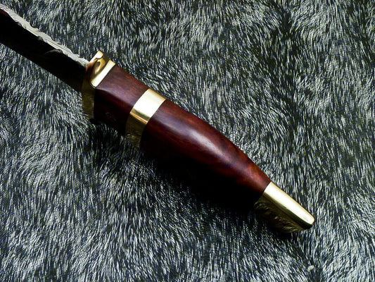 12" Damascus Hunting Bowie Knife – Natural Wood Handle with Leather Sheath