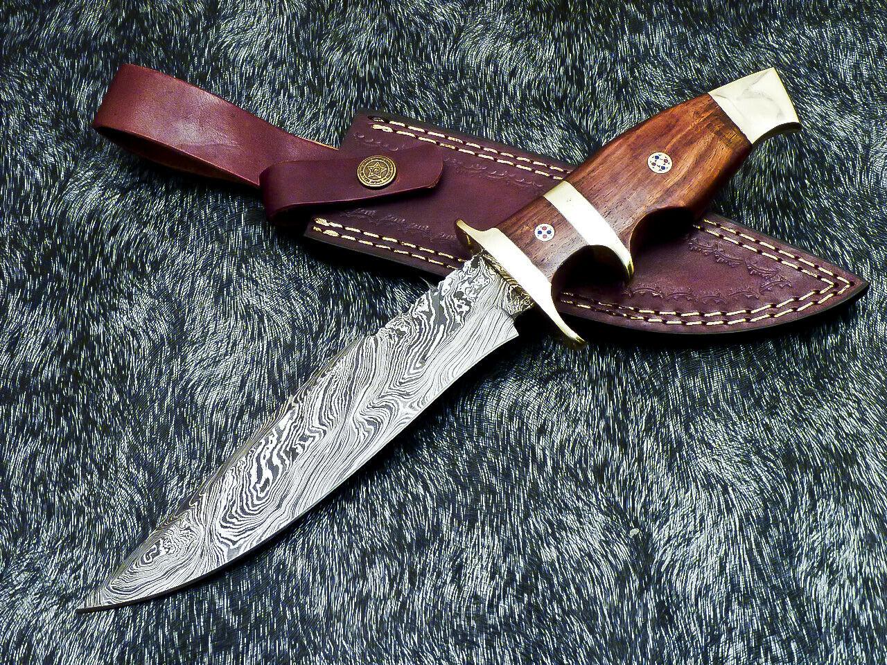 12" Damascus Hunting Bowie Knife – Natural Wood Handle with Leather Sheath