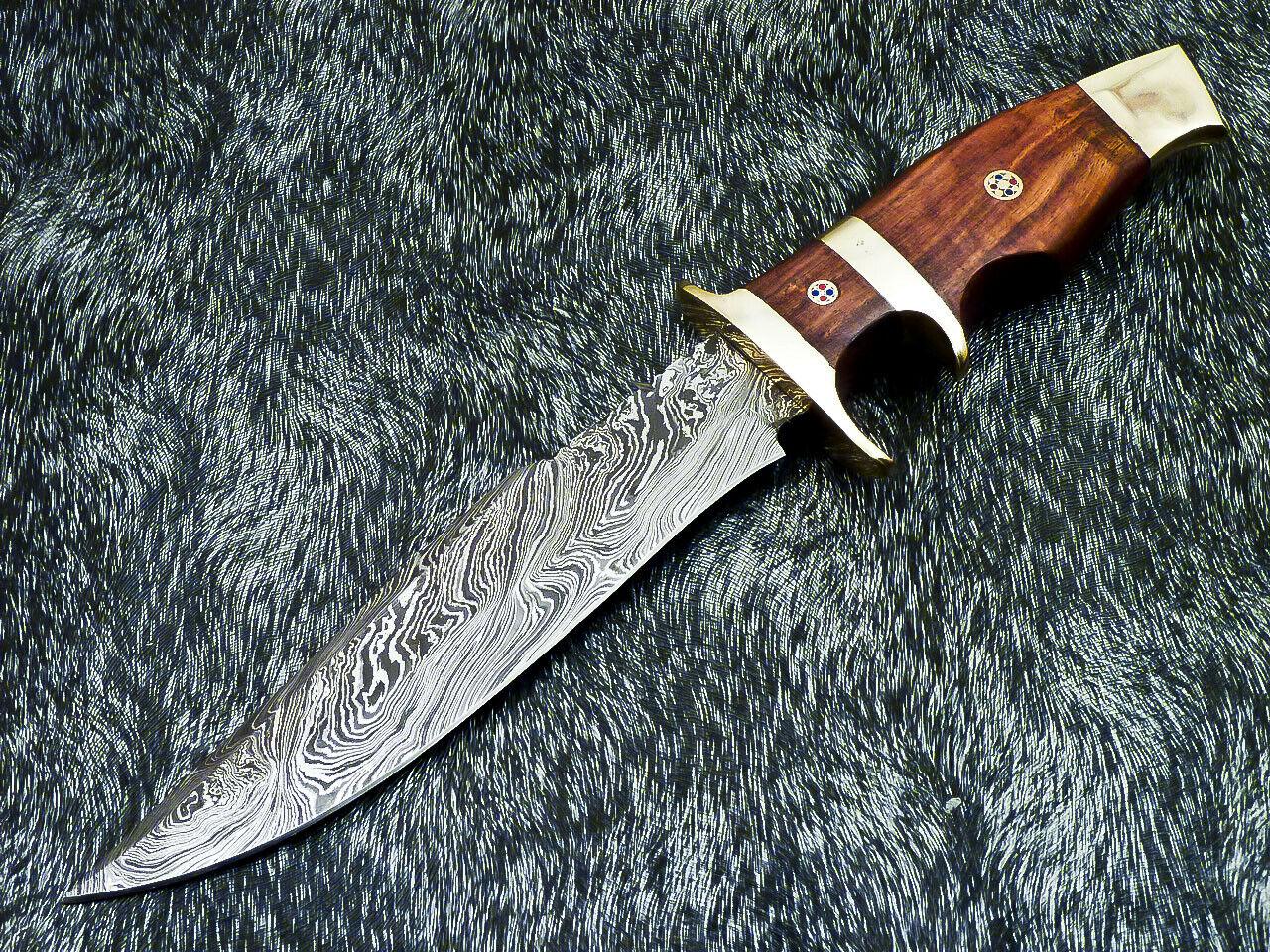 12" Damascus Hunting Bowie Knife – Natural Wood Handle with Leather Sheath