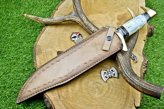 17" Premium Handmade Damascus Steel Bowie Knife – Resin Handle, Brass Bolster & Leather Sheath