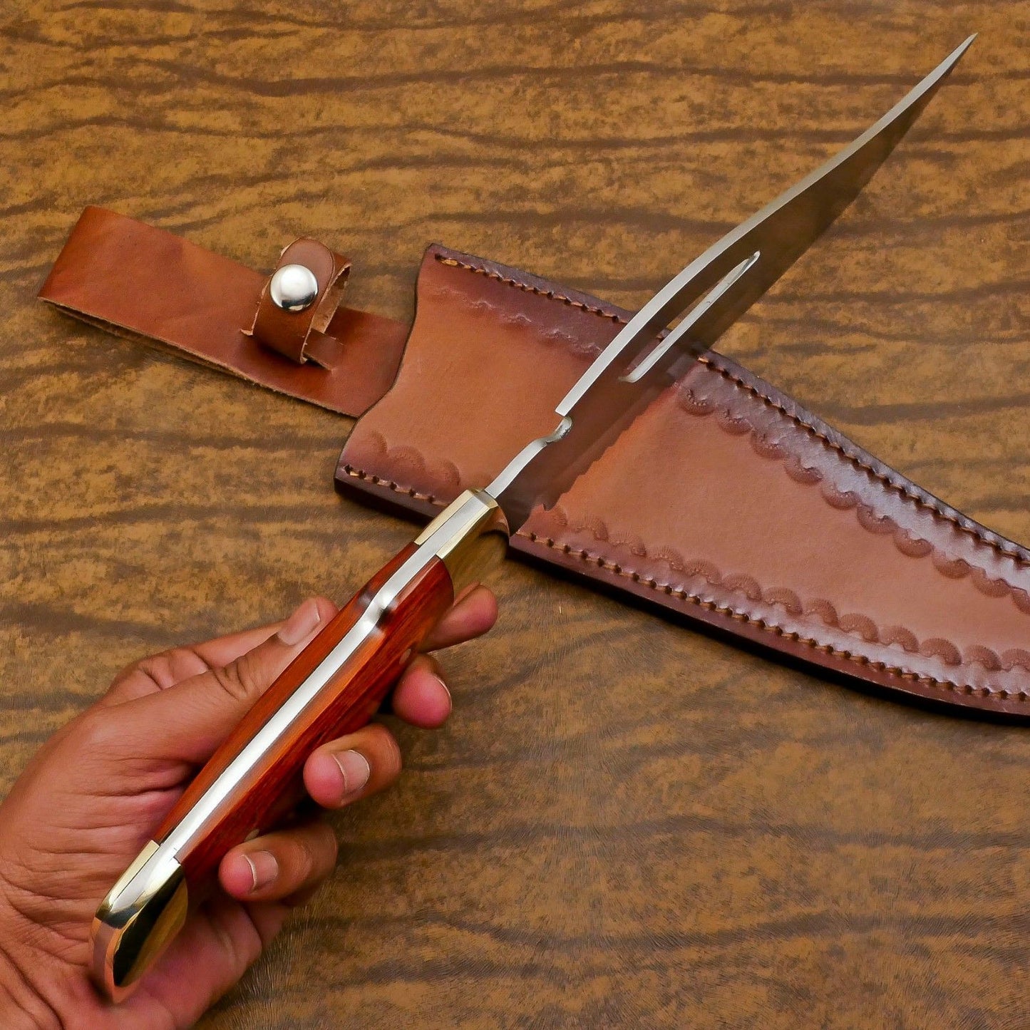 Handmade 12-Inch D2 Steel Full Tang Bowie Hunting Knife with Premium Pakka Wood Handle