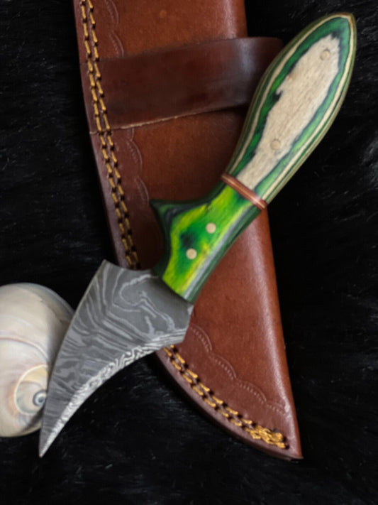 7" Custom Twist Damascus Steel Mini Bowie Knife – Camel Bone & Wood Handle