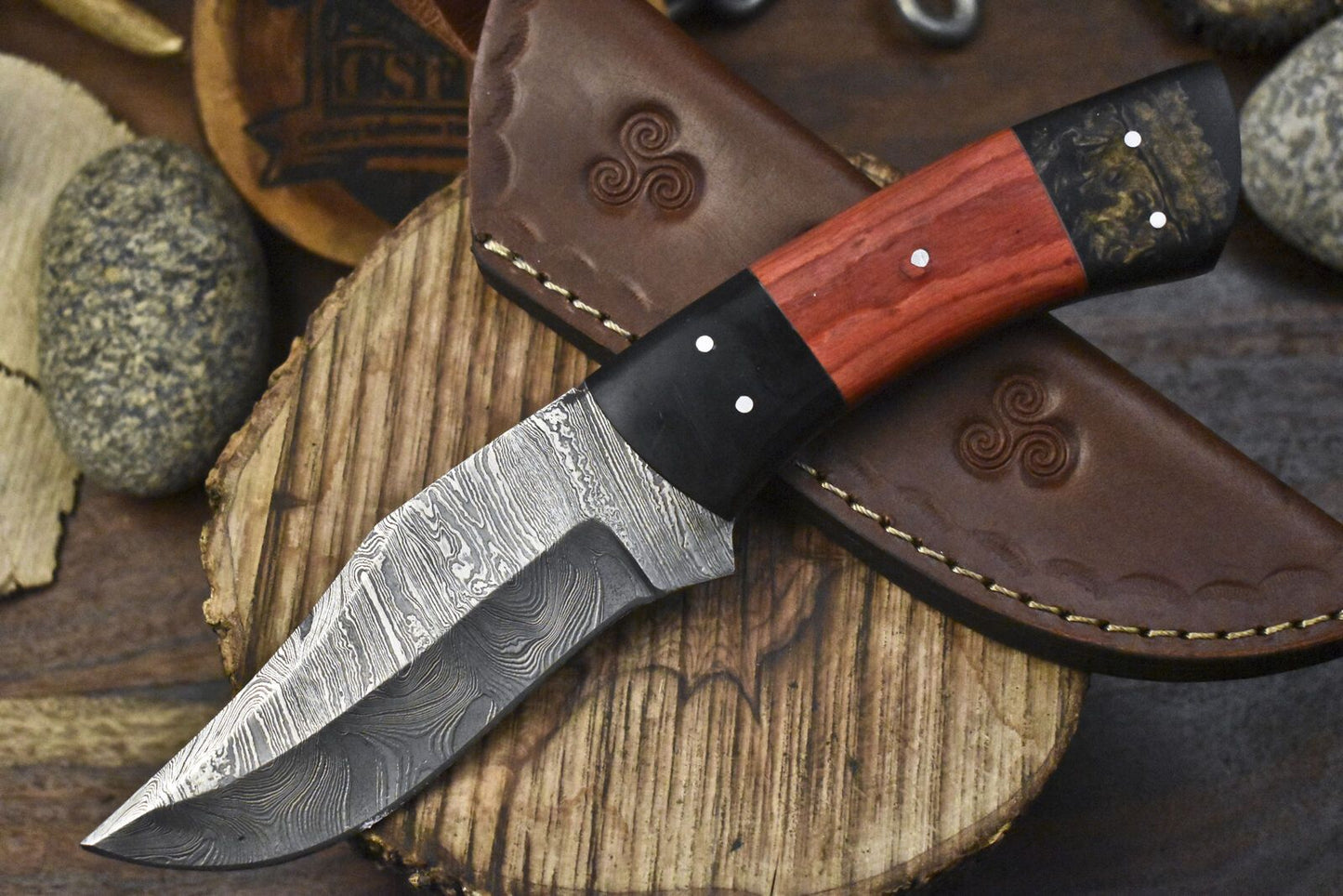 Twist Damascus Skinner Knife Hardwood Handle Micarta Bolster Hunting Blade