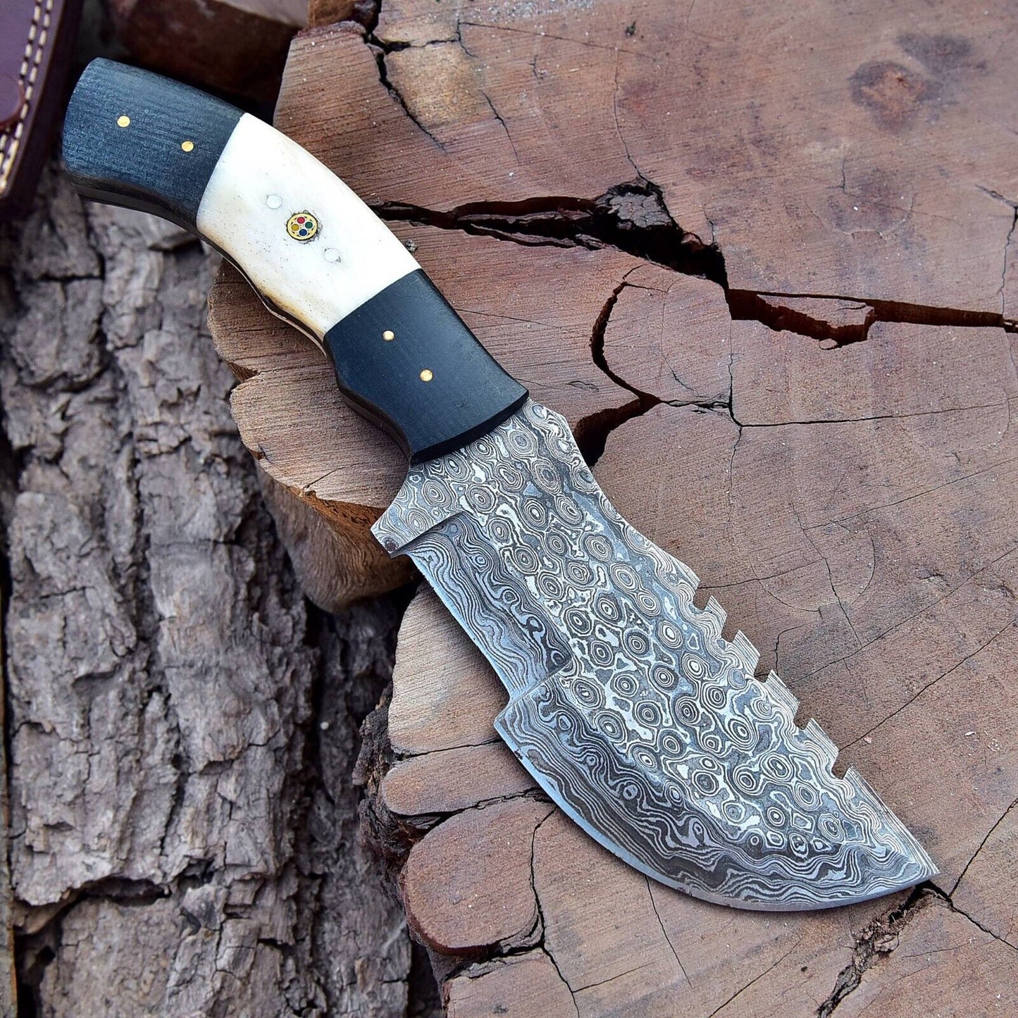 Custom Handmade Damascus Steel 10" Tracker Knife – Wooden Handle, Hand Forged Blade with Sheath