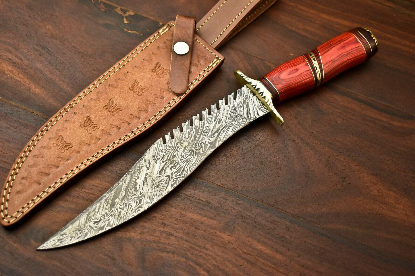 14" Handmade Damascus Steel Bowie Knife | Hardwood Handle