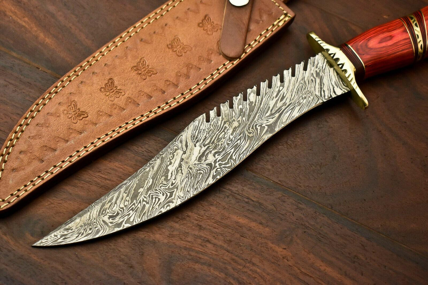 14" Handmade Damascus Steel Bowie Knife | Hardwood Handle