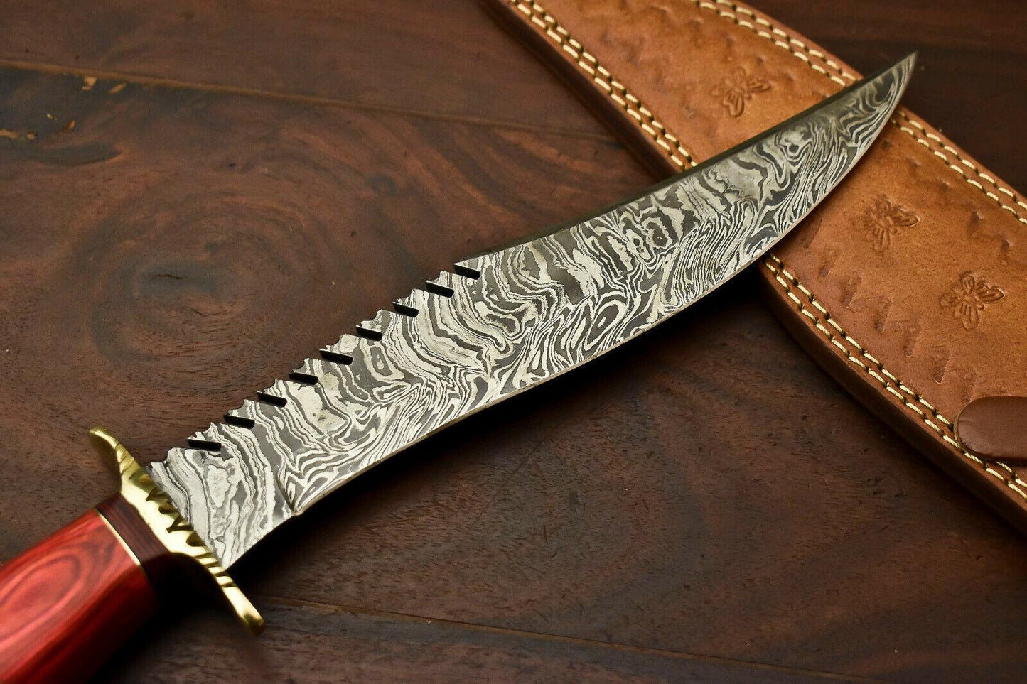 14" Handmade Damascus Steel Bowie Knife | Hardwood Handle