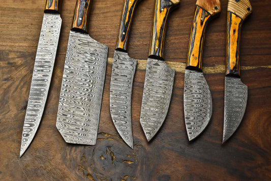 Lot of 6 Handmade Damascus Steel Full Tang Chef Knife Set – Custom High Carbon Blades