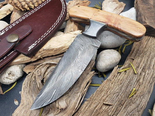 6" Hand Forged Damascus Steel EDC Bowie Hunting Knife | Olive Wood Handle