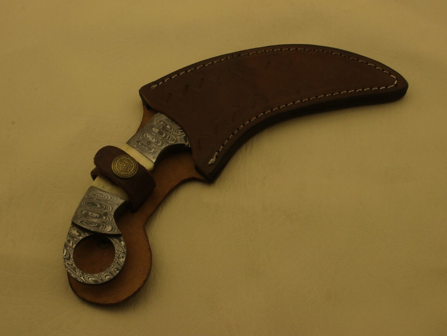 9” Custom Hand Forged Damascus Karambit Knife Double Edge Camel Bone Handle