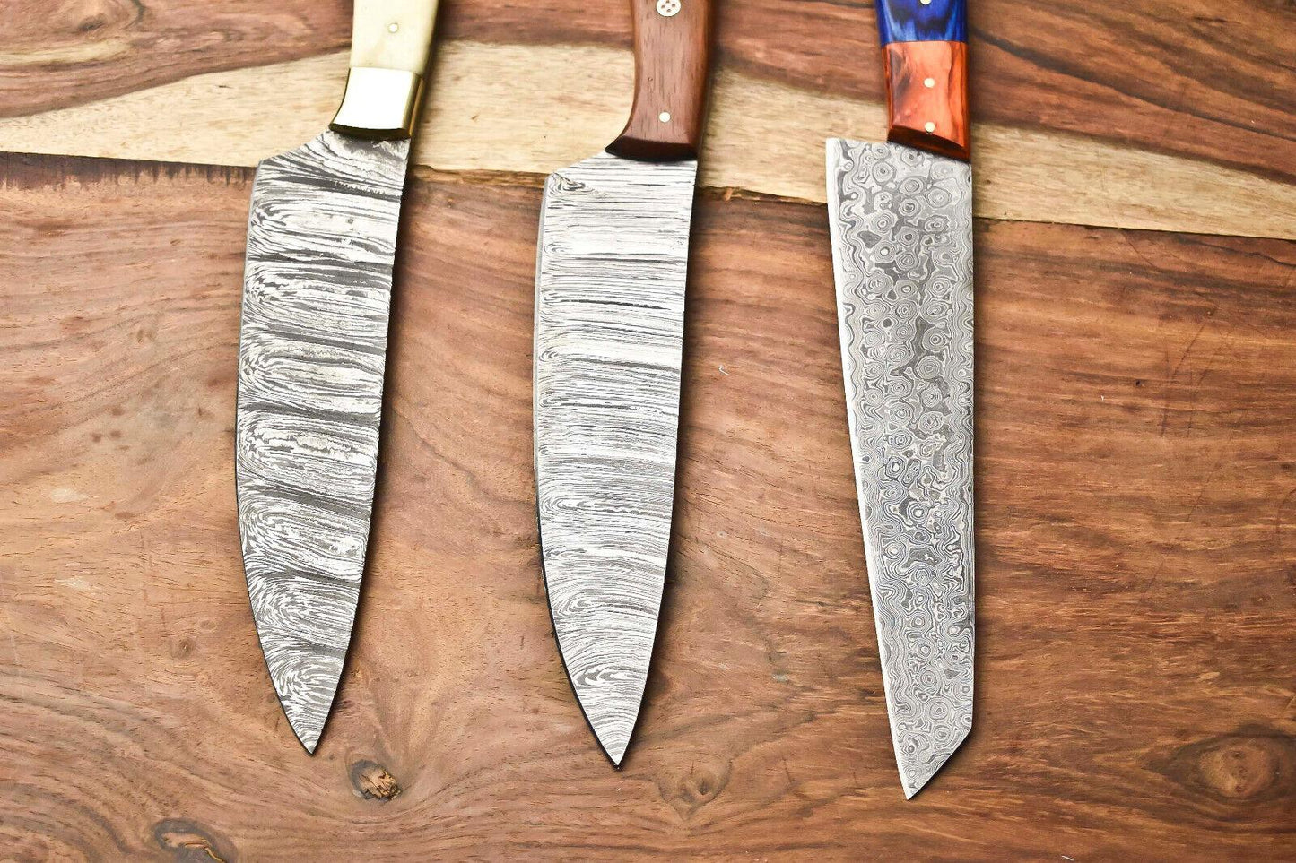 Lot of 3 Handmade Damascus Steel Chef Knives | Full Tang Kitchen Knife Set