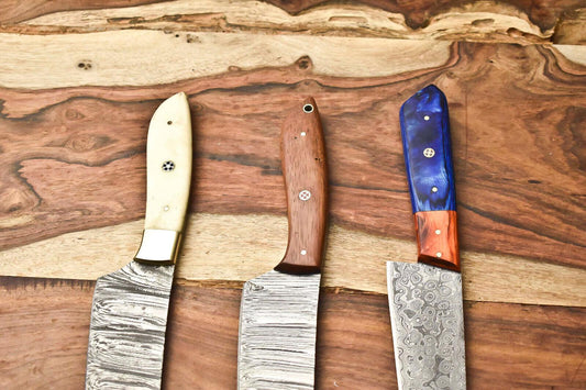 Lot of 3 Handmade Damascus Steel Chef Knives | Full Tang Kitchen Knife Set