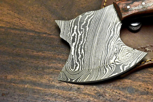 Handmade Damascus Walnut Wood Hunting Clever Chopper Axe Knife with Leather Sheath
