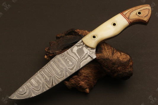 10.5" Handmade Ladder Damascus Steel Bowie Hunting Knife | Camel Bone & Wood Handle