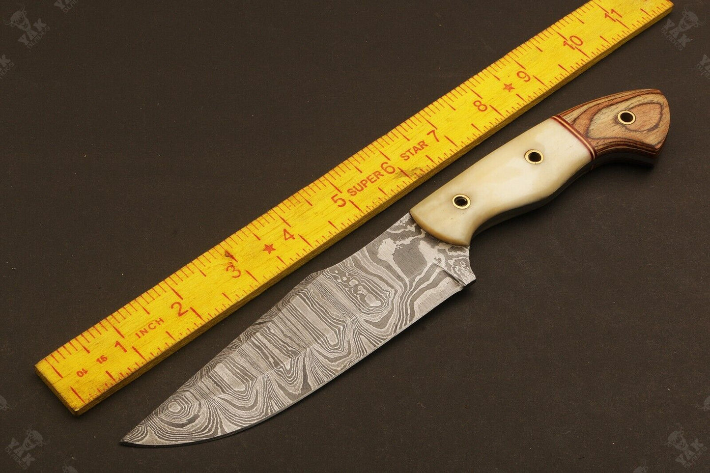 10.5" Handmade Ladder Damascus Steel Bowie Hunting Knife | Camel Bone & Wood Handle