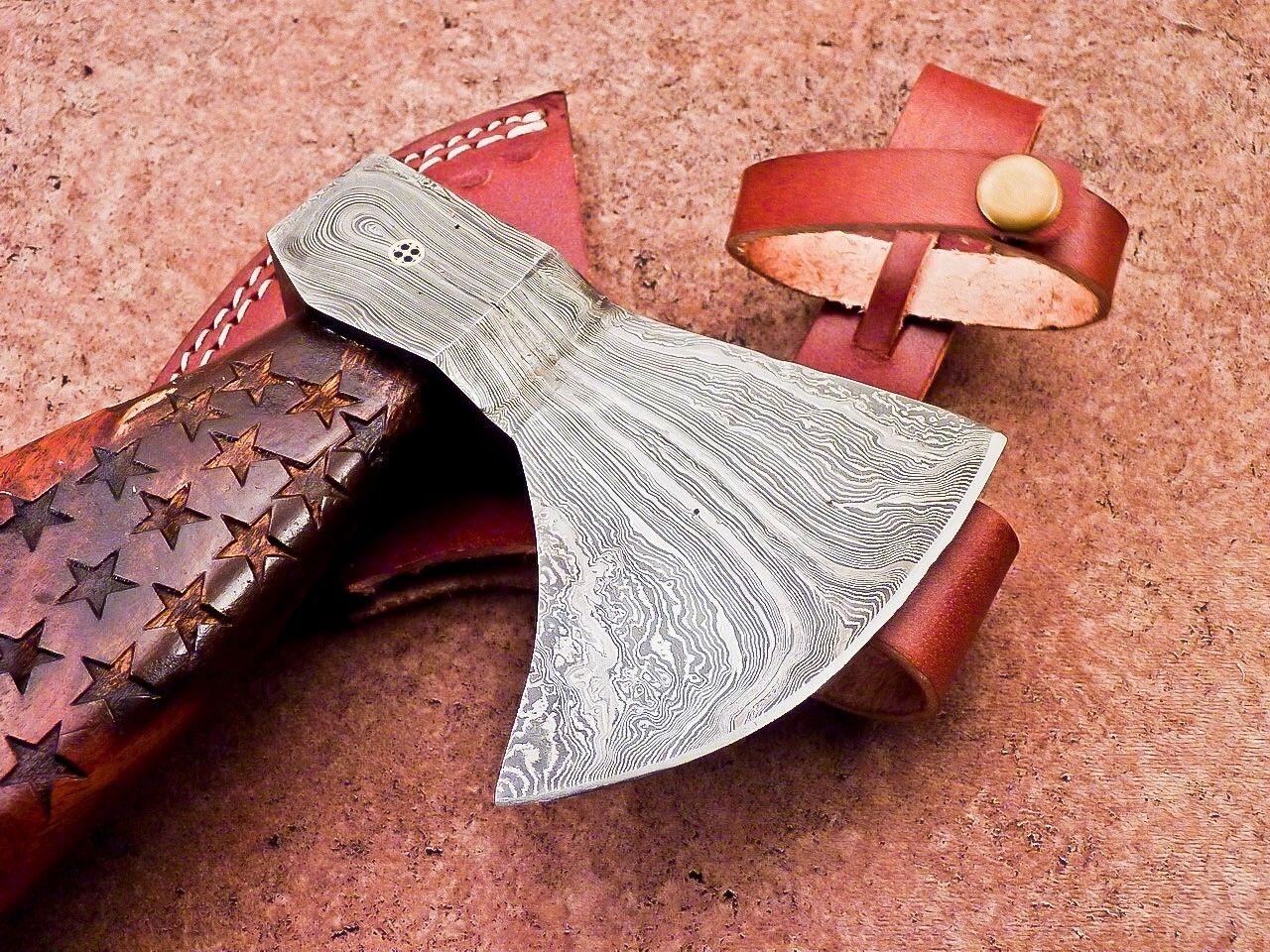 Limited Edition Handmade Damascus Steel Viking Axe with Natural Wood Handle and Leather Sheath