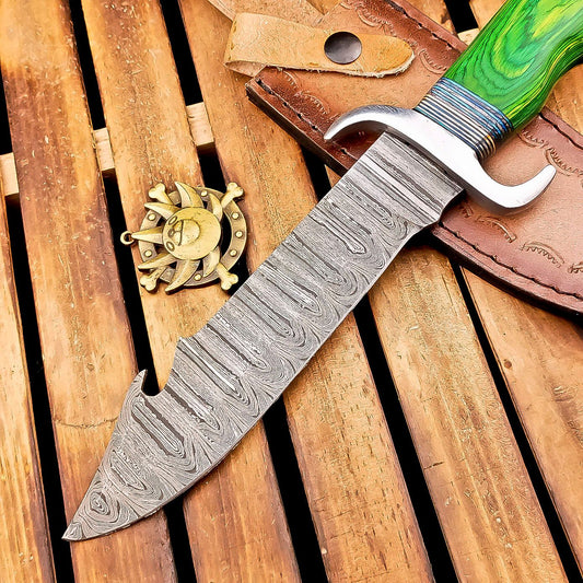 12 Inch Handmade Damascus Steel Bowie Knife with Wood Handle and Steel Bolster