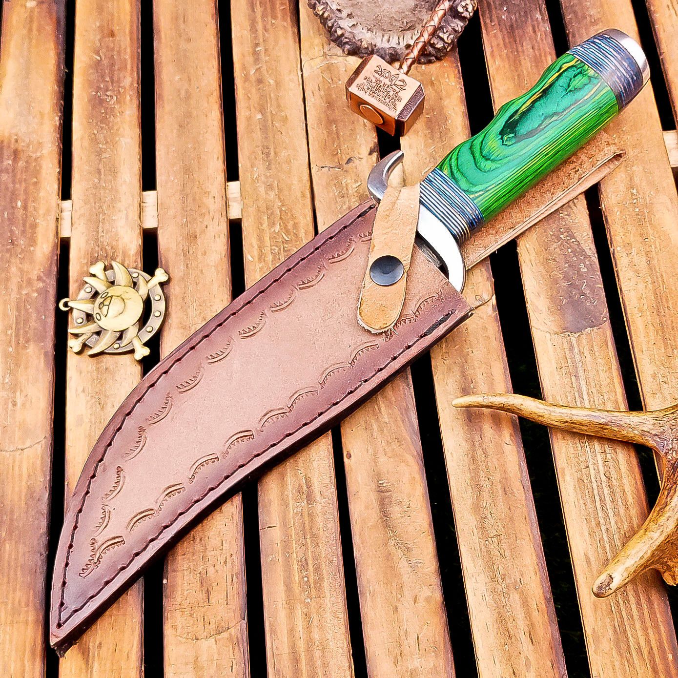 12 Inch Handmade Damascus Steel Bowie Knife with Wood Handle and Steel Bolster