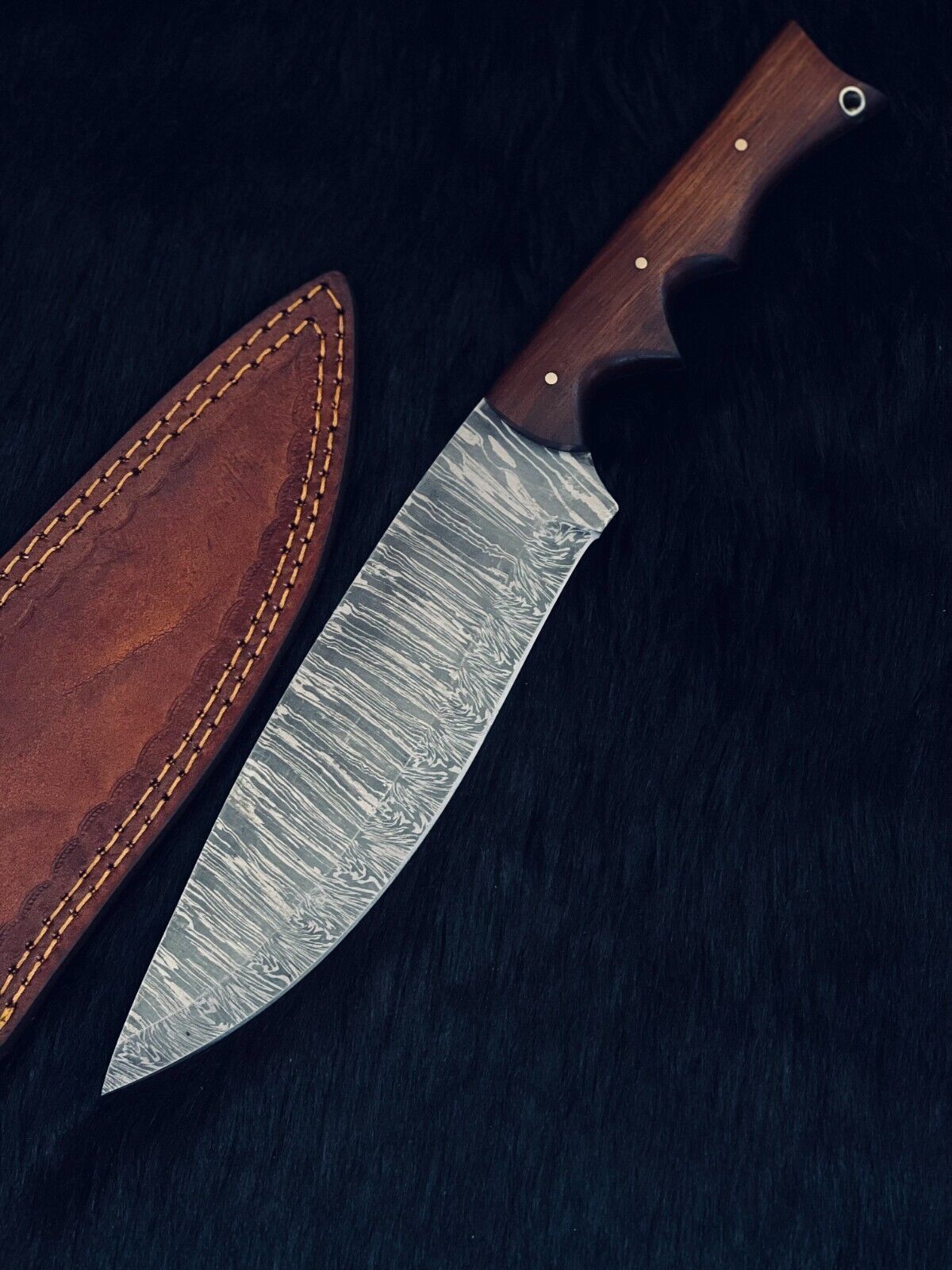 12.5 Inch Custom Handmade Twist Damascus Steel Bowie Knife with Wood Handle