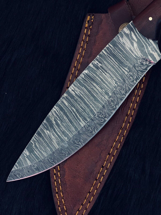 12.5 Inch Custom Handmade Twist Damascus Steel Bowie Knife with Wood Handle