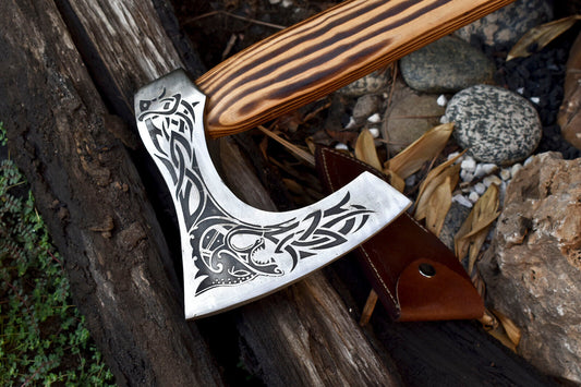 Hand-Forged High Carbon Steel Viking Axe with Etched Blade & Leather Wrapped Handle