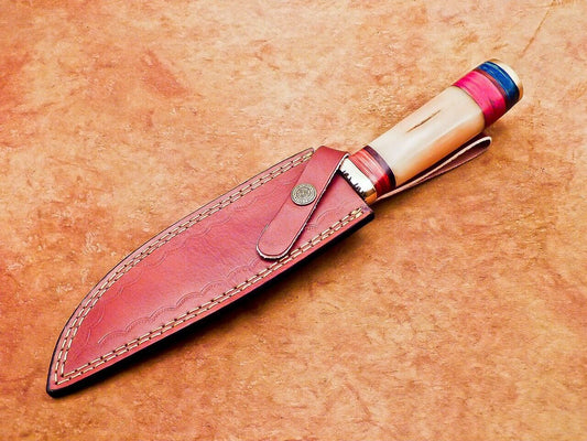 12" Damascus Steel Bowie Knife | Camel Bone & Hardwood Handle