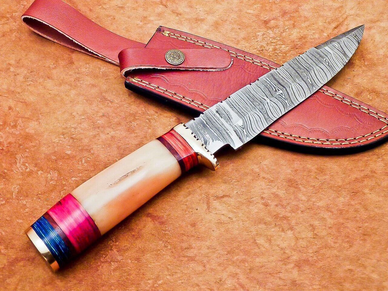 12" Damascus Steel Bowie Knife | Camel Bone & Hardwood Handle
